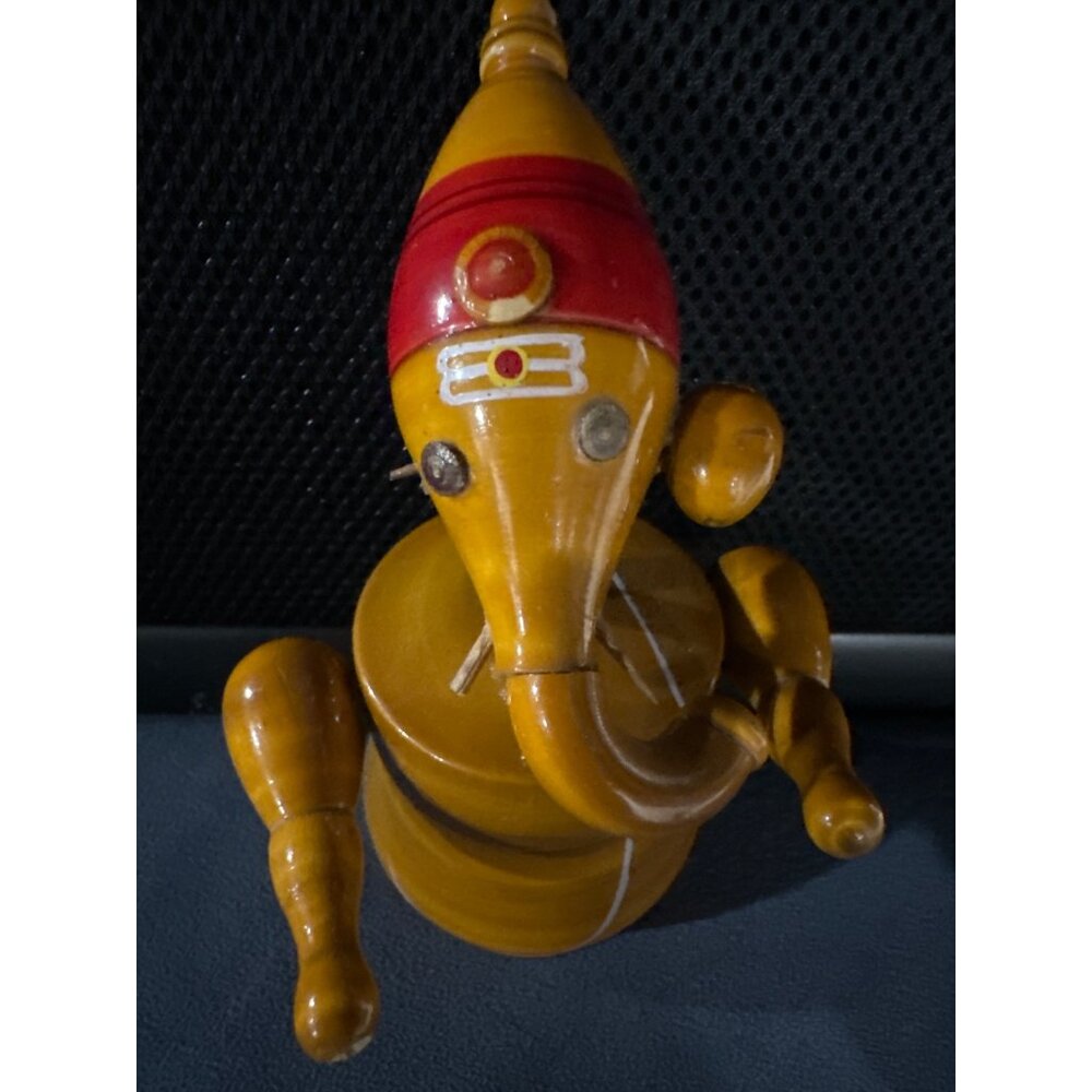 Handcrafted Wooden Lord Ganesha Figurine With Movable Arms & Head Vintage